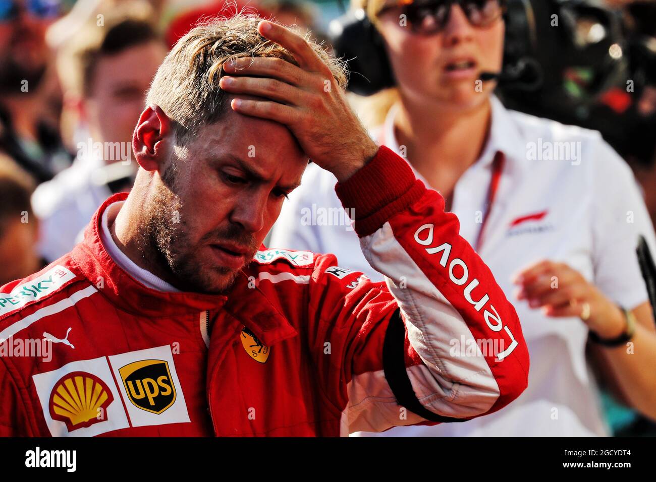 Sebastian Vettel (GER) Ferrari in Parc Ferme. Stockfoto