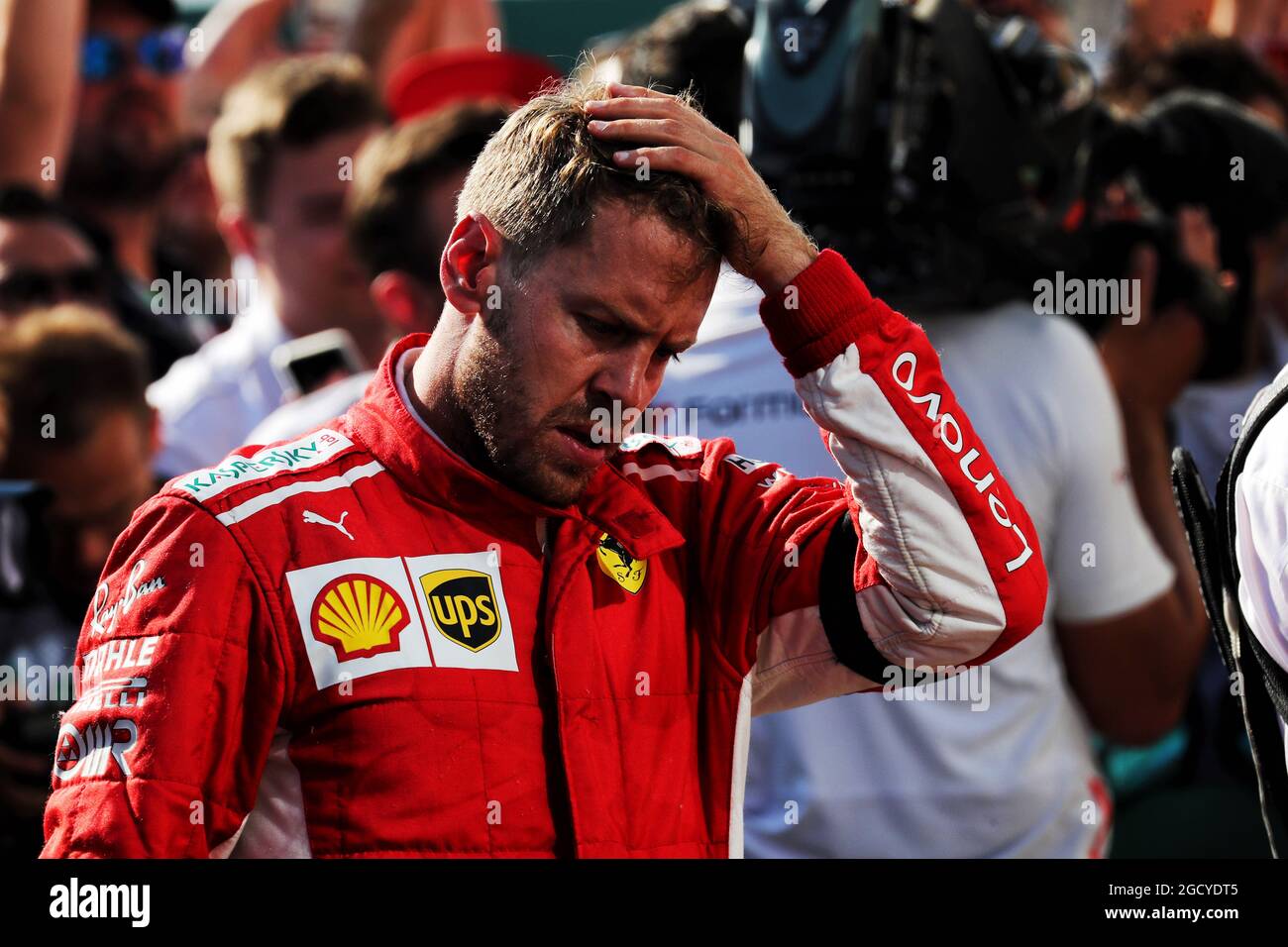 Sebastian Vettel (GER) Ferrari in Parc Ferme. Stockfoto