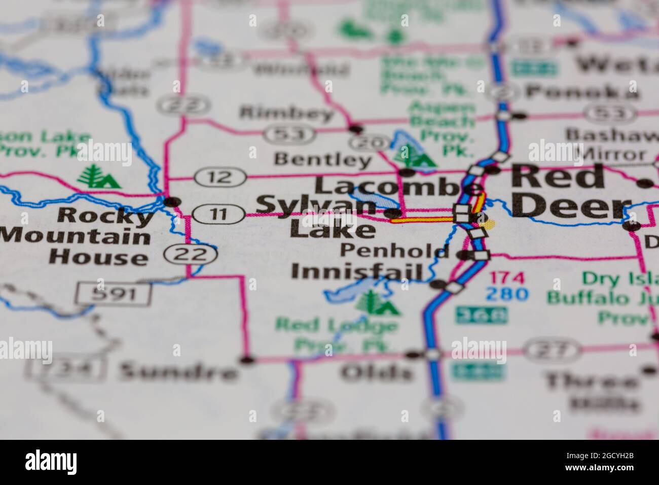 Sylvan Lake Alberta Kanada wird auf einer Straßenkarte oder Geografie-Karte angezeigt Stockfoto