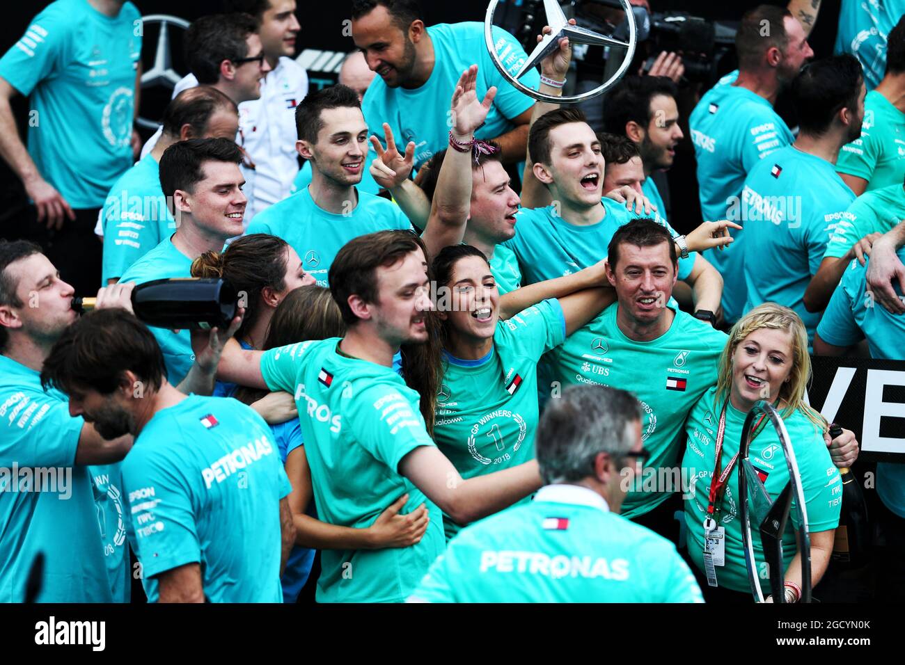 Mercedes AMG F1 feiert den Sieg in der Konstrukteursmeisterschaft. Großer Preis von Brasilien, Sonntag, 11. November 2018. Sao Paulo, Brasilien. Stockfoto