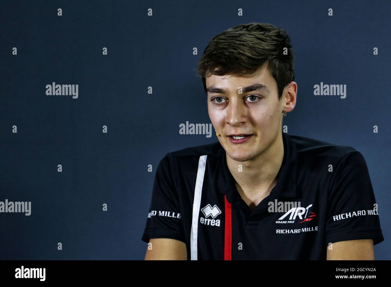 George Russell (GBR) Art Grand Prix F2 Driver / Mercedes AMG F1 Reserve Driver / Williams bei der FIA Pressekonferenz. Großer Preis von Abu Dhabi, Donnerstag, 22. November 2018. Yas Marina Circuit, Abu Dhabi, VAE. Stockfoto