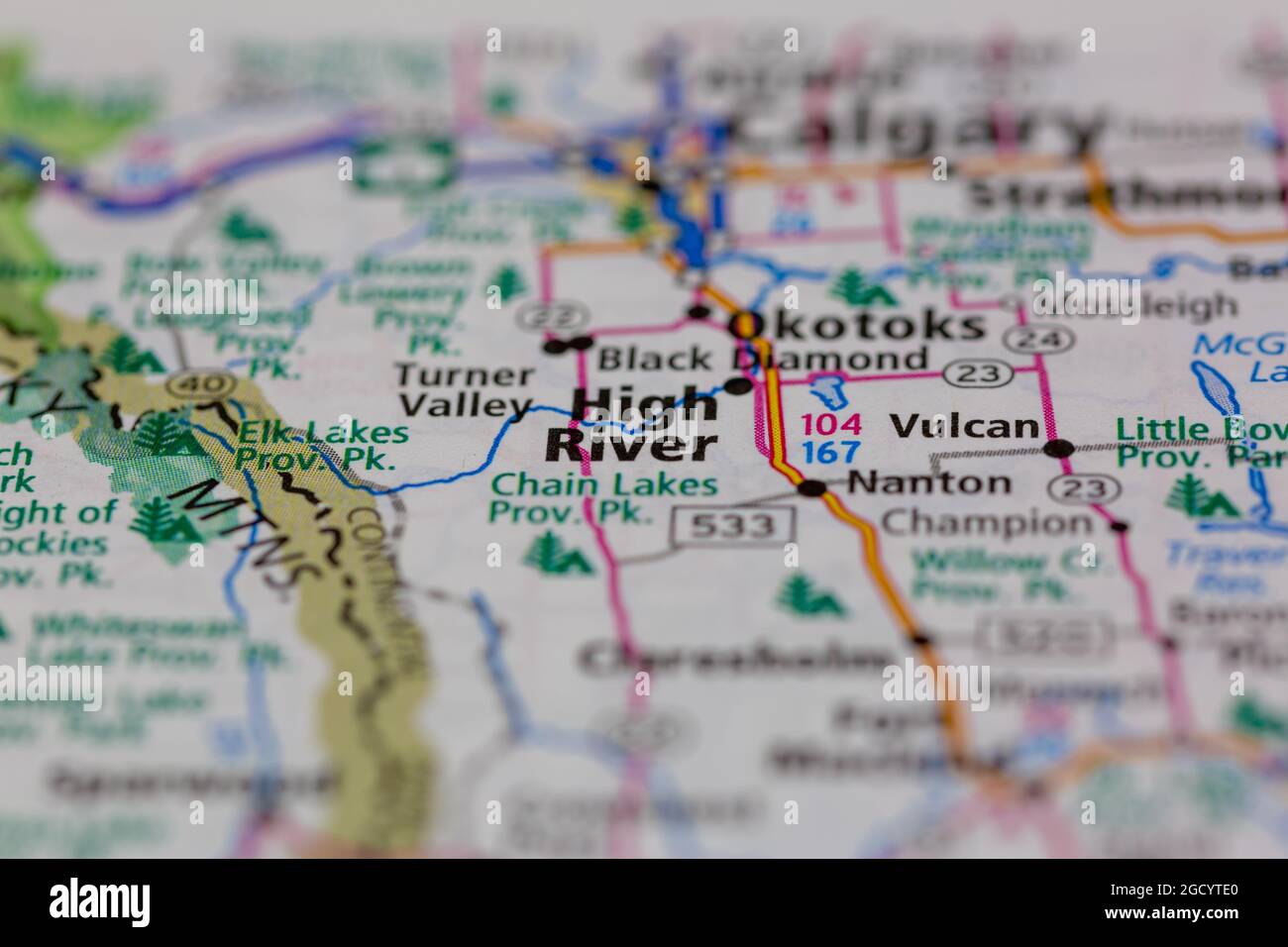 High River Alberta Canada auf einer Straßenkarte oder Geografie-Karte angezeigt Stockfoto