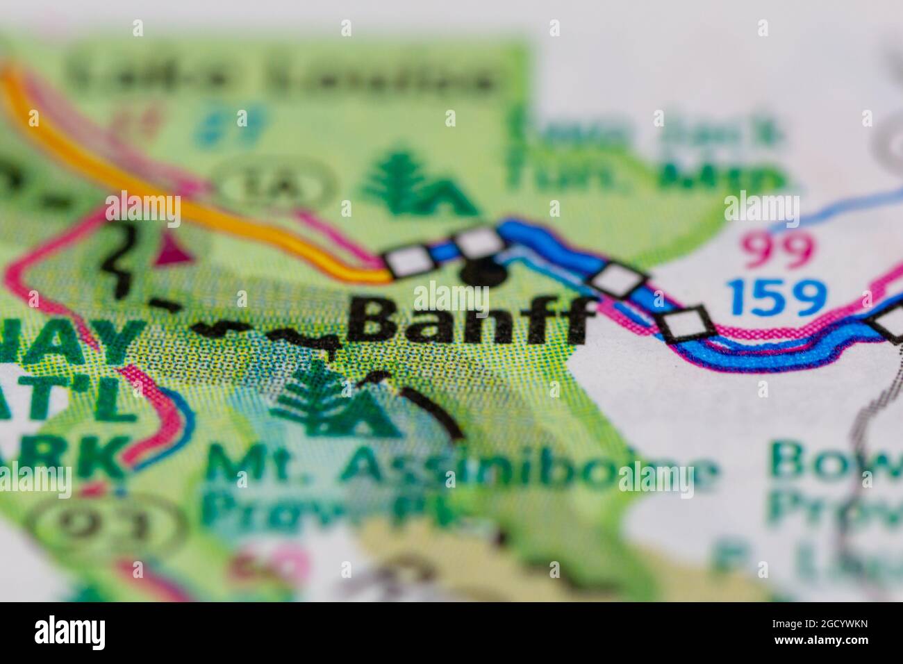 Banff Alberta Kanada wird auf einer Straßenkarte oder Geografie-Karte angezeigt Stockfoto