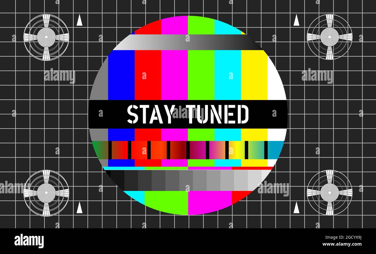 Vintage-TV-Testmuster mit Beschriftung „Stay tuned“, offline, Störung, Fehlerzeichen, Fehlerzeichen auf der Website, fiktives Vektorgrafiken Stock Vektor