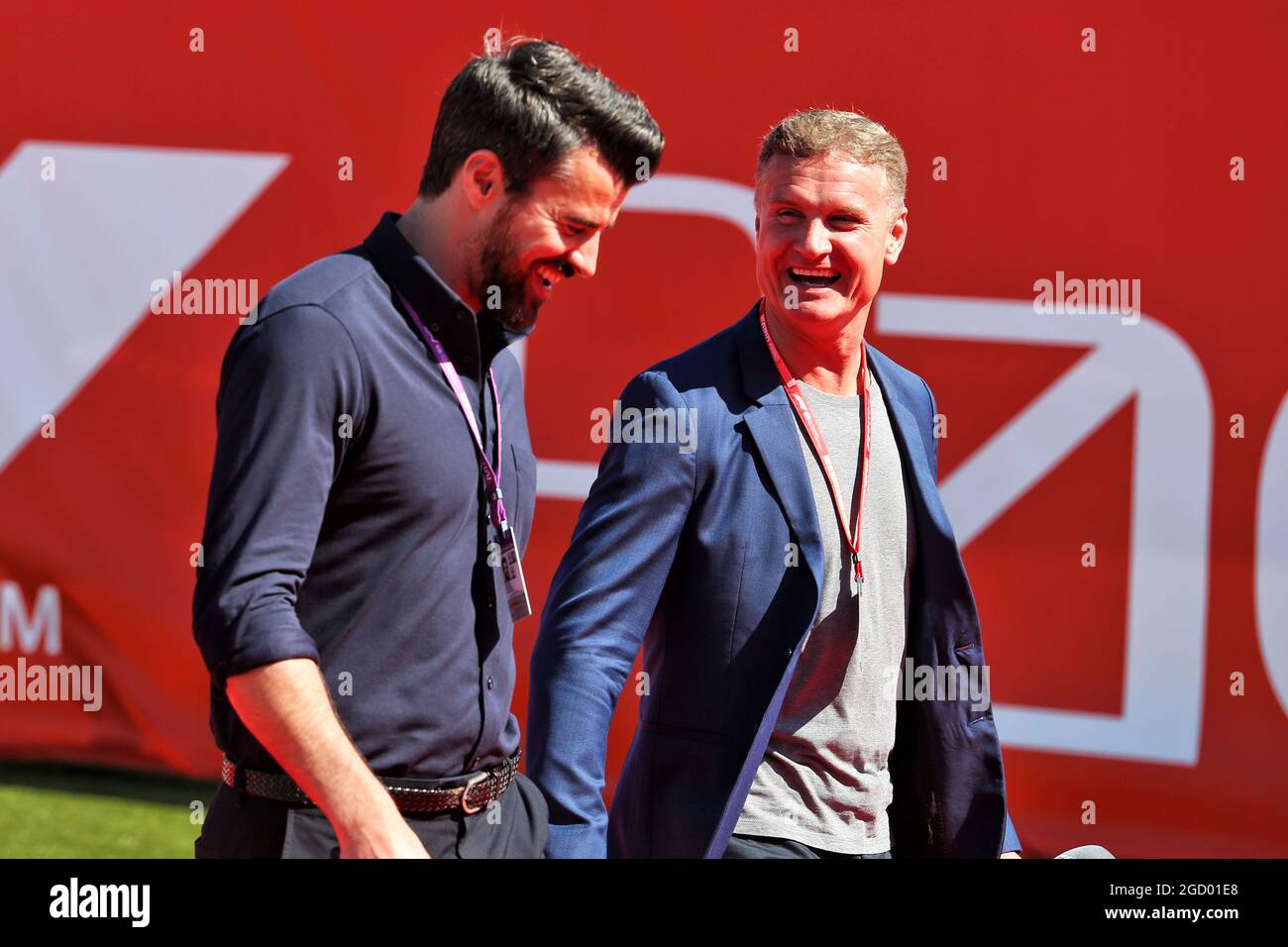 (L bis R): Steve Jones (GBR) Channel 4 F1 Presenter und David Coulthard (GBR) Red Bull Racing und Scuderia Toro Advisor / Channel 4 F1 Kommentator. Großer Preis von Spanien, Sonntag, 12. Mai 2019. Barcelona, Spanien. Stockfoto