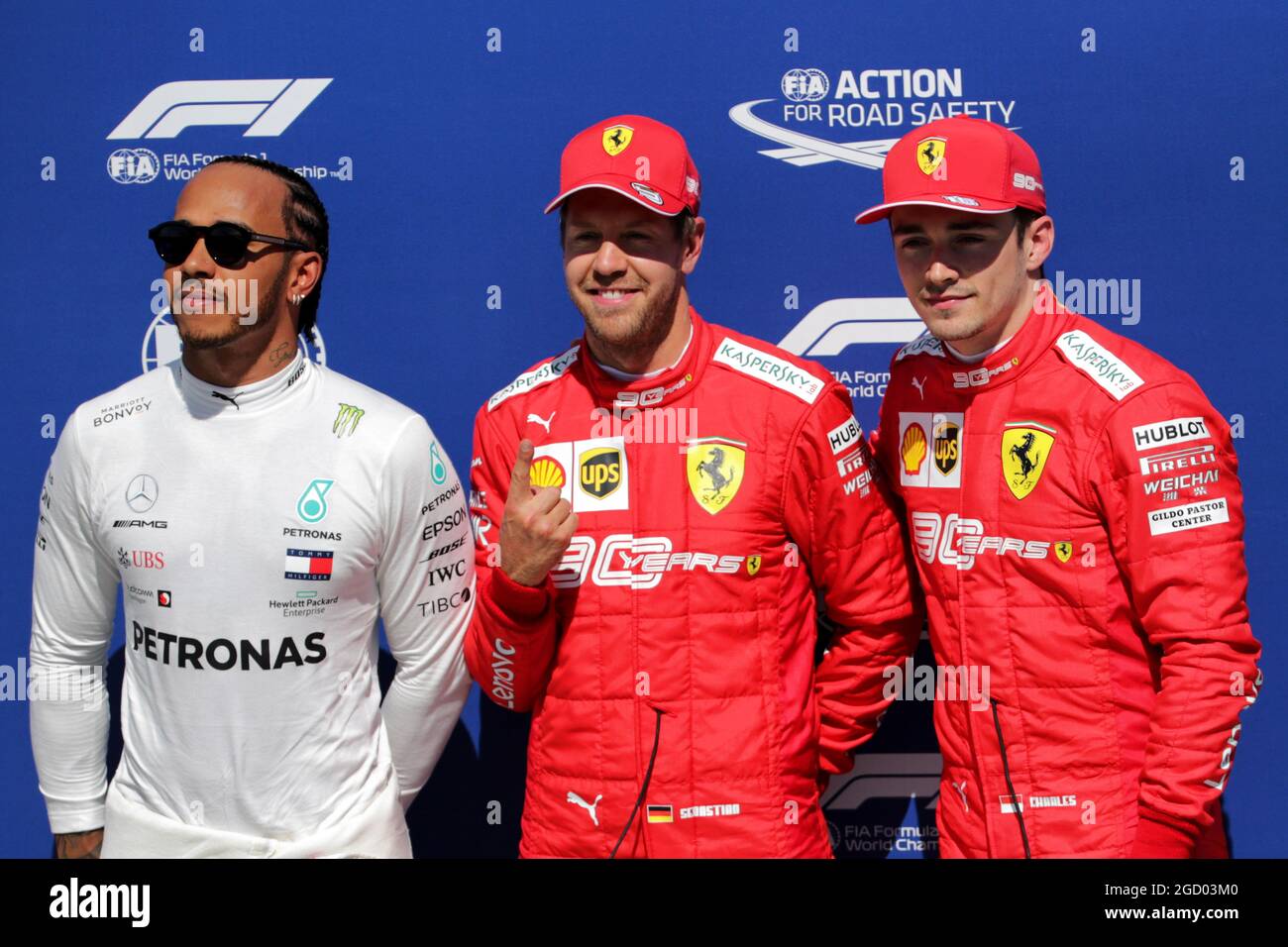 Qualifying Top 3 in Parc Ferme (L bis R): Lewis Hamilton (GBR) Mercedes AMG F1, Zweiter; Sebastian Vettel (GER) Ferrari, Pole Position; Charles Leclerc (MON) Ferrari, Dritter. Großer Preis von Kanada, Samstag, 8. Juni 2019. Montreal, Kanada. Stockfoto
