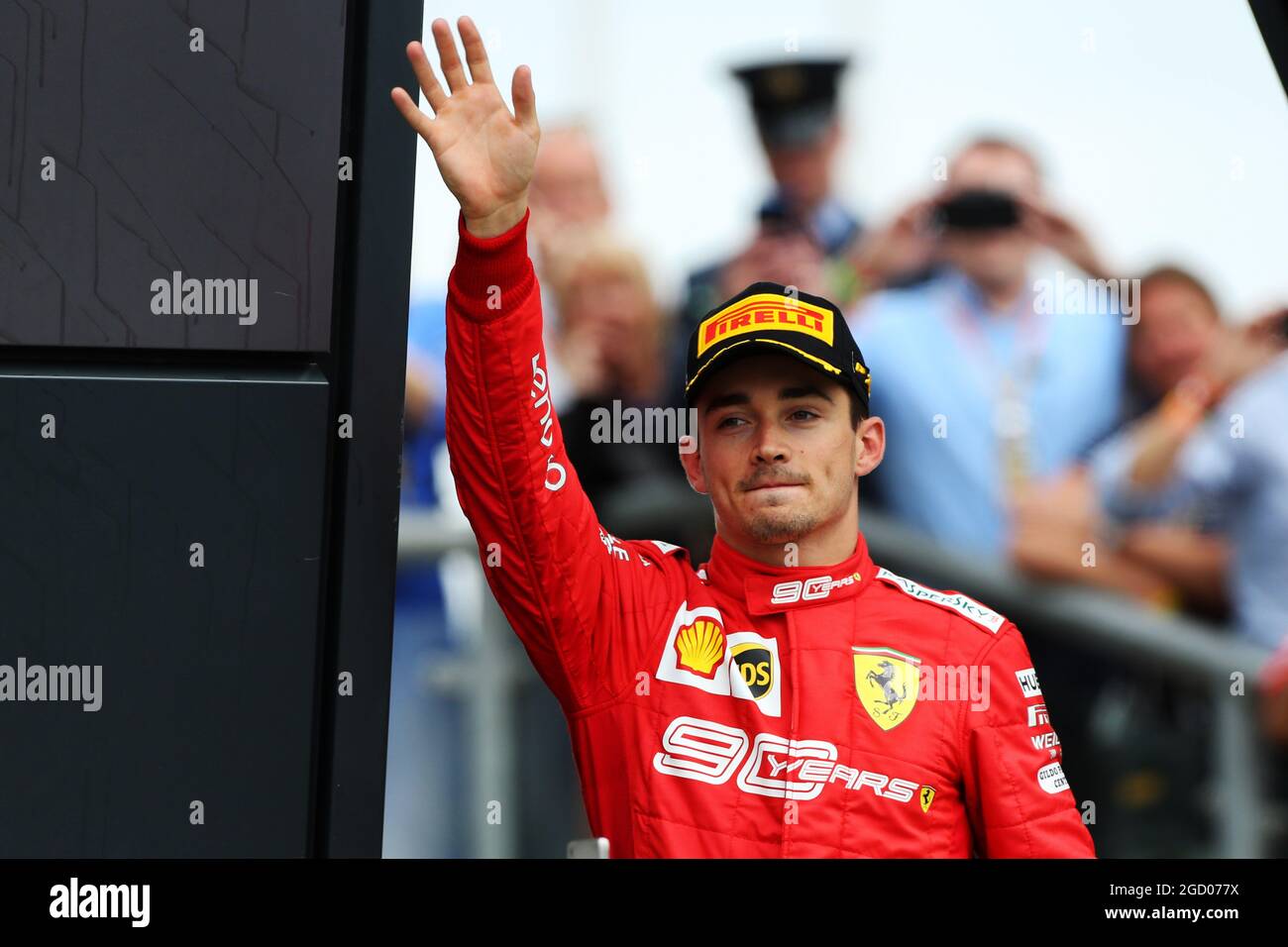 Charles Leclerc (MON) Ferrari feiert seinen dritten Platz auf dem Podium. Großer Preis von Großbritannien, Sonntag, 14. Juli 2019. Silverstone, England. Stockfoto