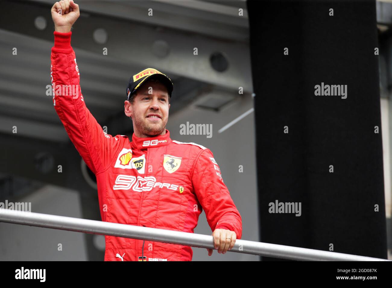 Sebastian Vettel (GER) Ferrari feiert seinen zweiten Platz auf dem Podium. Großer Preis von Deutschland, Sonntag, 28. Juli 2019. Hockenheim, Deutschland. Stockfoto