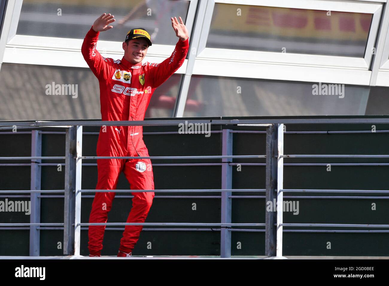 Rennsieger Charles Leclerc (MON) Ferrari feiert auf dem Podium. Großer Preis von Italien, Sonntag, 8. September 2019. Monza Italien. Stockfoto