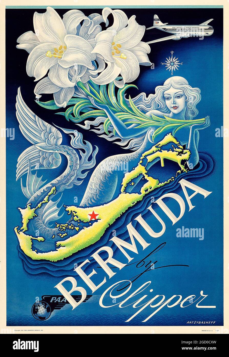 Vintage Travel Poster, Bermuda von Clipper (Pan American Airways, 1949) Stockfoto