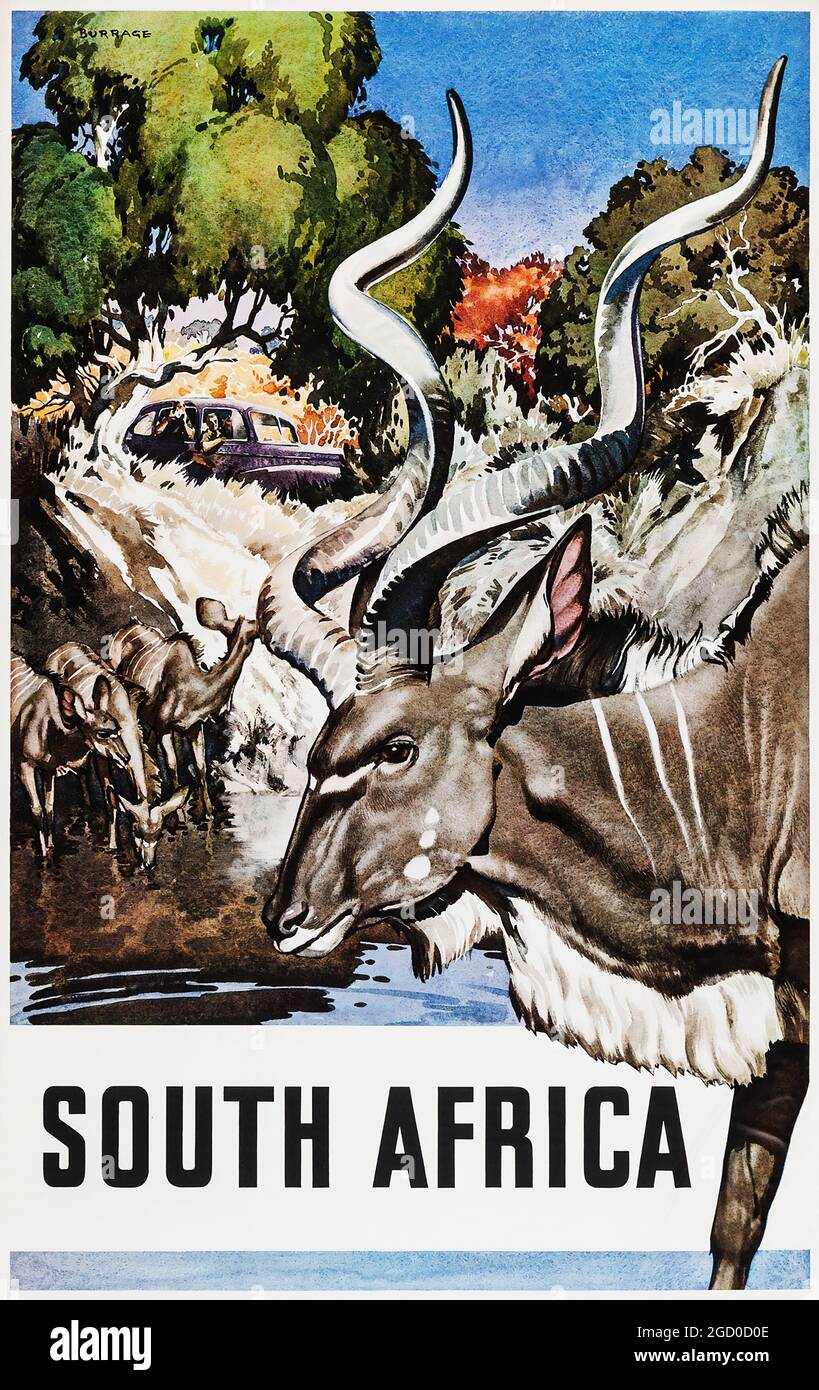 Südafrika Reiseplakat (South Africa Tourist Corporation, 1950er Jahre). Kunstwerk von Burrage. Stockfoto