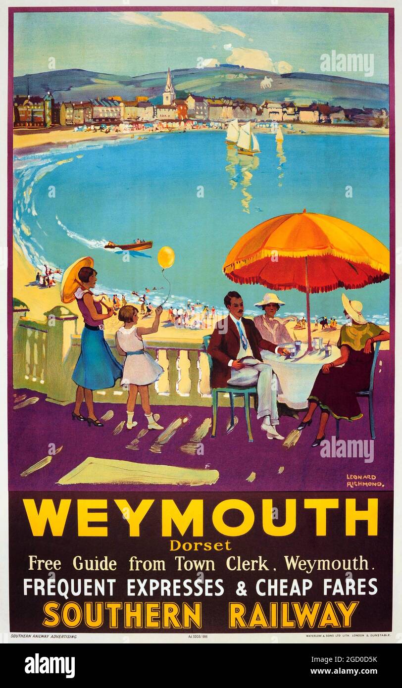 1935 Werbeplakat der Southern Railway Travel für Weymouth Dorset – Leonard Richmond (Künstler) Stockfoto