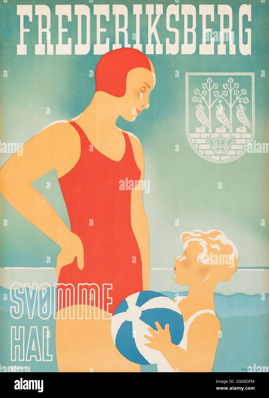 Vintage Danish Travel Poster, Frederiksberg Svømmehal 1938. Stockfoto