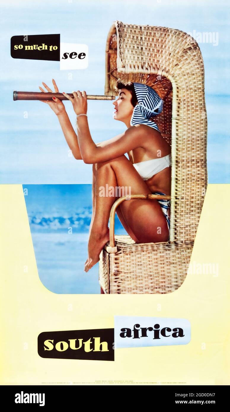 Südafrika Reiseplakat (South African Tourist Corporation, c.) Frau mit Fernglas. „so viel zu sehen“. Stockfoto