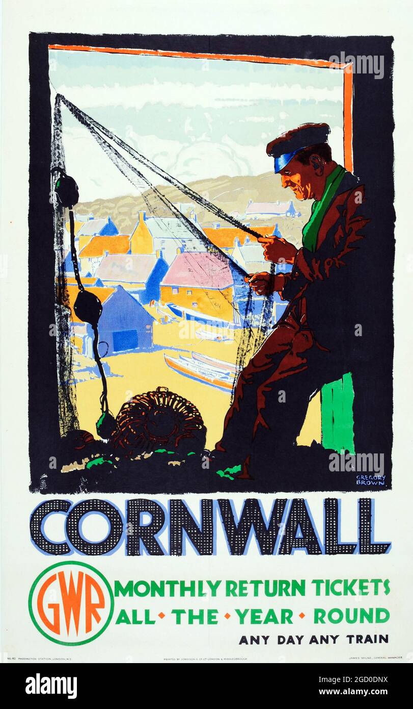 Vintage GWR Great Western Railway Travel Poster für Cornwall mit dem Zug. 1930er Jahre. Kunstwerk von Frederic Gregory Brown. Stockfoto