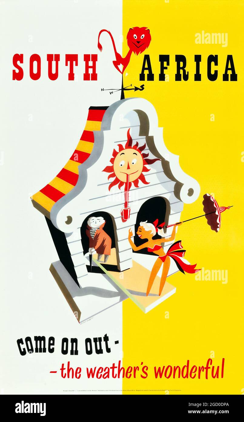Vintage Travel Poster Südafrika, komm raus – das Wetter ist wunderbar. Kuckucks Nestuhr. (South African Tourist Corporation, 1940er Jahre) Stockfoto