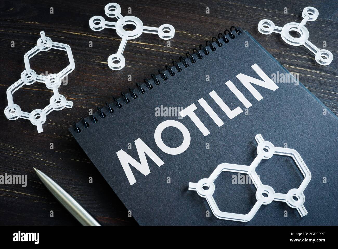 Informationen über das Motilin-Hormon im dunklen Notizblock. Stockfoto