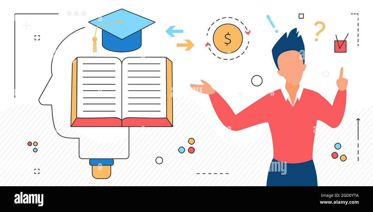 Bildung, Lernprozess Linie Symbole und Absolvent Mann Charakter auf weiß isoliert Stock Vektor