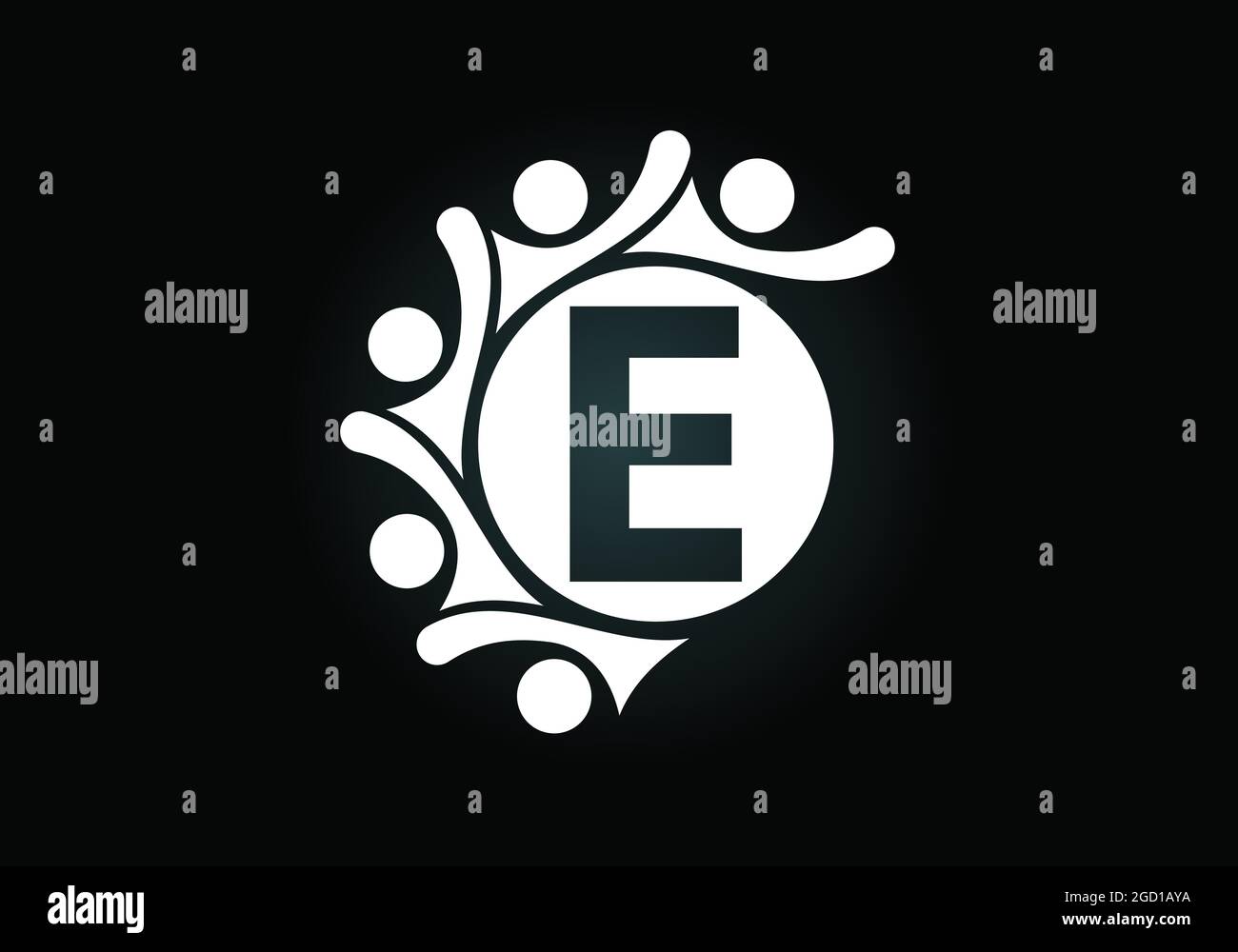 Anfängliches E-Monogramm-Alphabet mit der Verbindung von Menschen. Team, Zusammenarbeit Logo Zeichen Symbol. Schrift-Emblem. Logo für die Zusammenarbeit im Unternehmen Stock Vektor