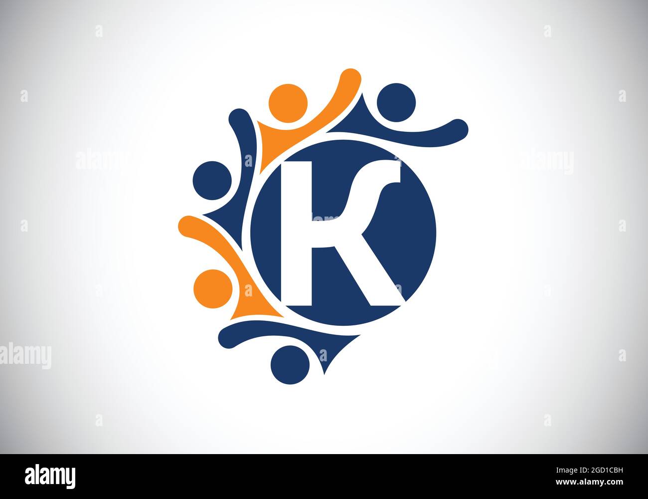 Anfängliches K-Monogramm-Alphabet mit verbindenden Menschen. Team, Zusammenarbeit Logo Zeichen Symbol. Schrift-Emblem. Logo für die Zusammenarbeit im Unternehmen Stock Vektor