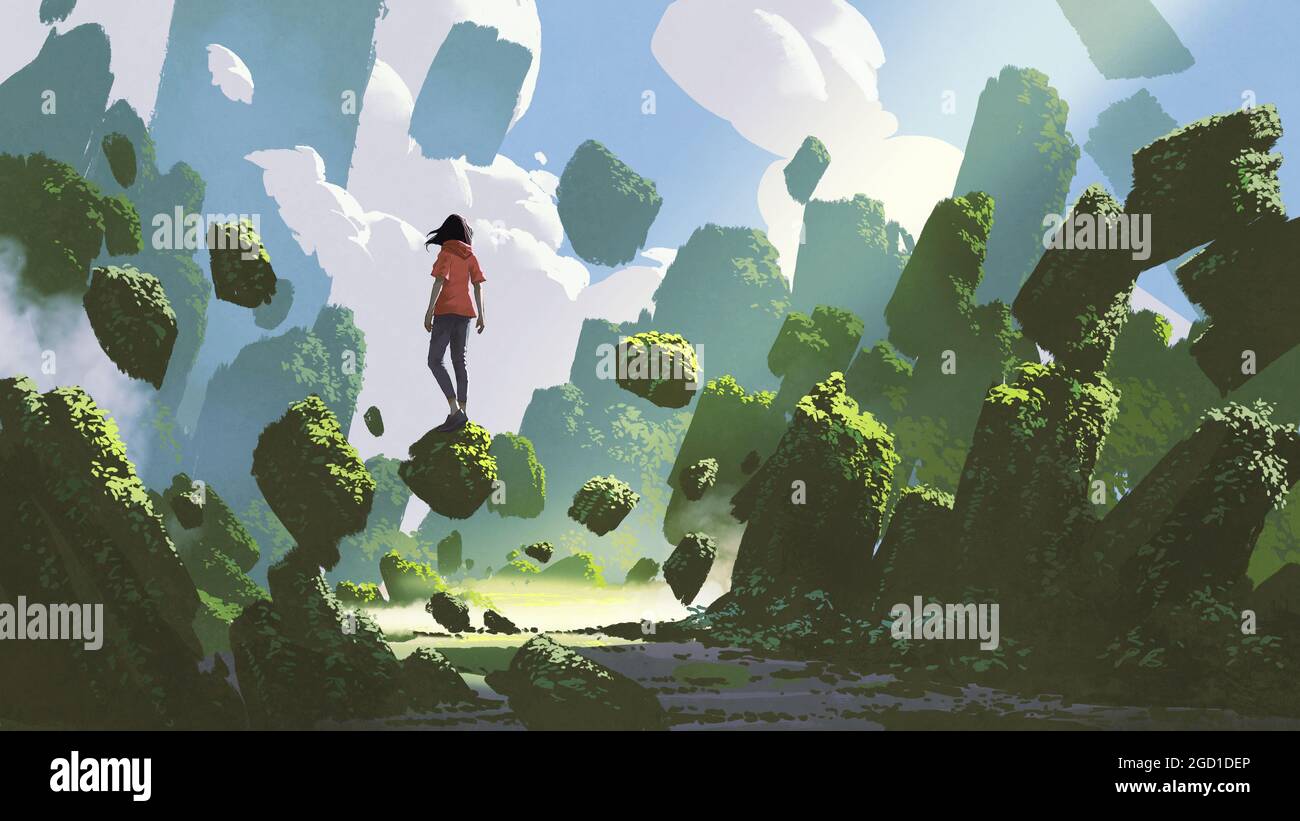 Fantasy-Landschaft mit einer Frau, die auf einem Felsen steht, der mitten in der Luft schwebt, digitaler Kunststil, Illustration Stockfoto