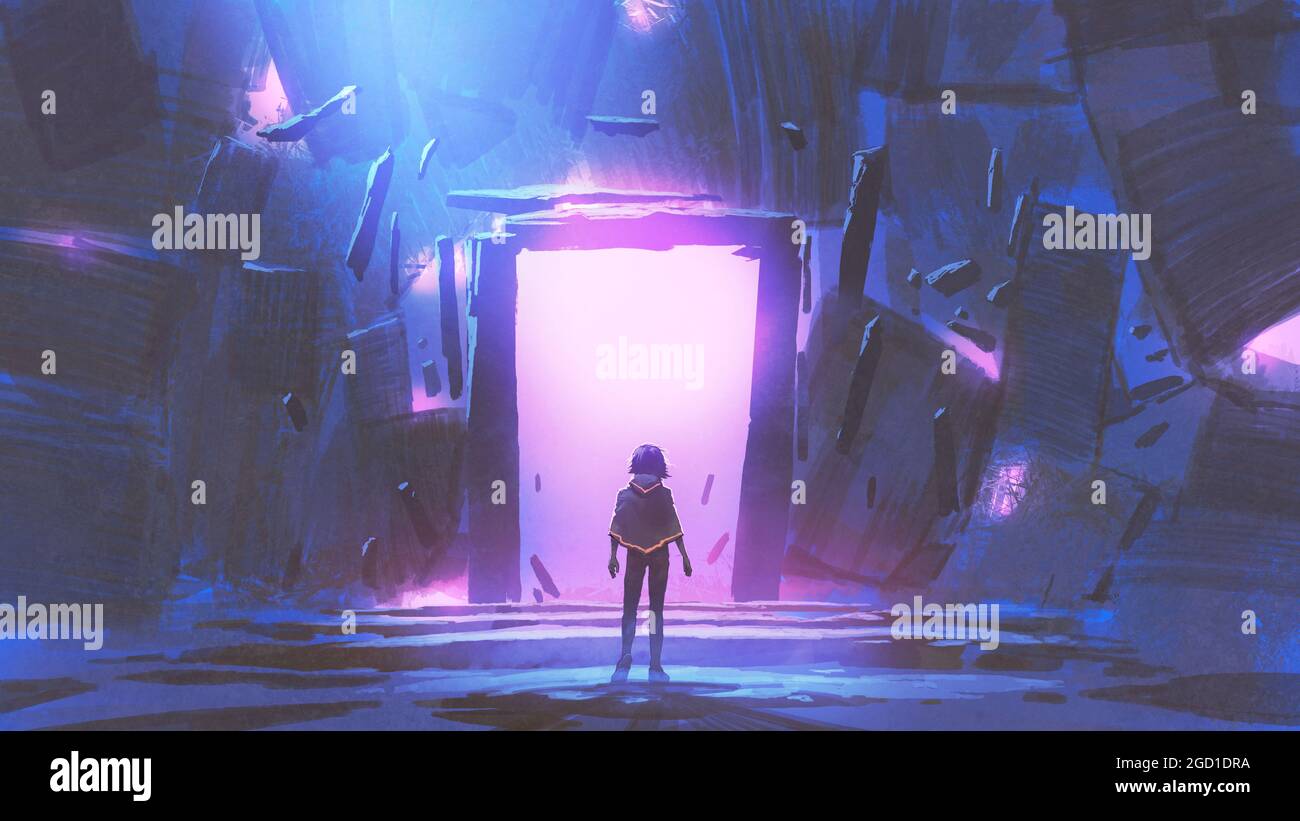 Ein Kind, das vor dem leuchtend violetten Eingang steht, um an einen anderen Ort zu gehen, im digitalen Kunststil, in der Illustrationsmalerei Stockfoto