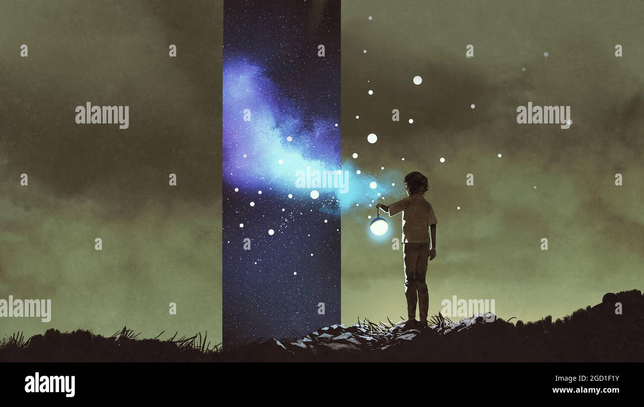 Fantasy-Szene des Kindes hält eine Laterne und Blick auf die Sterne-dimensionale Fenster, digitale Kunst Stil, Illustration Malerei Stockfoto