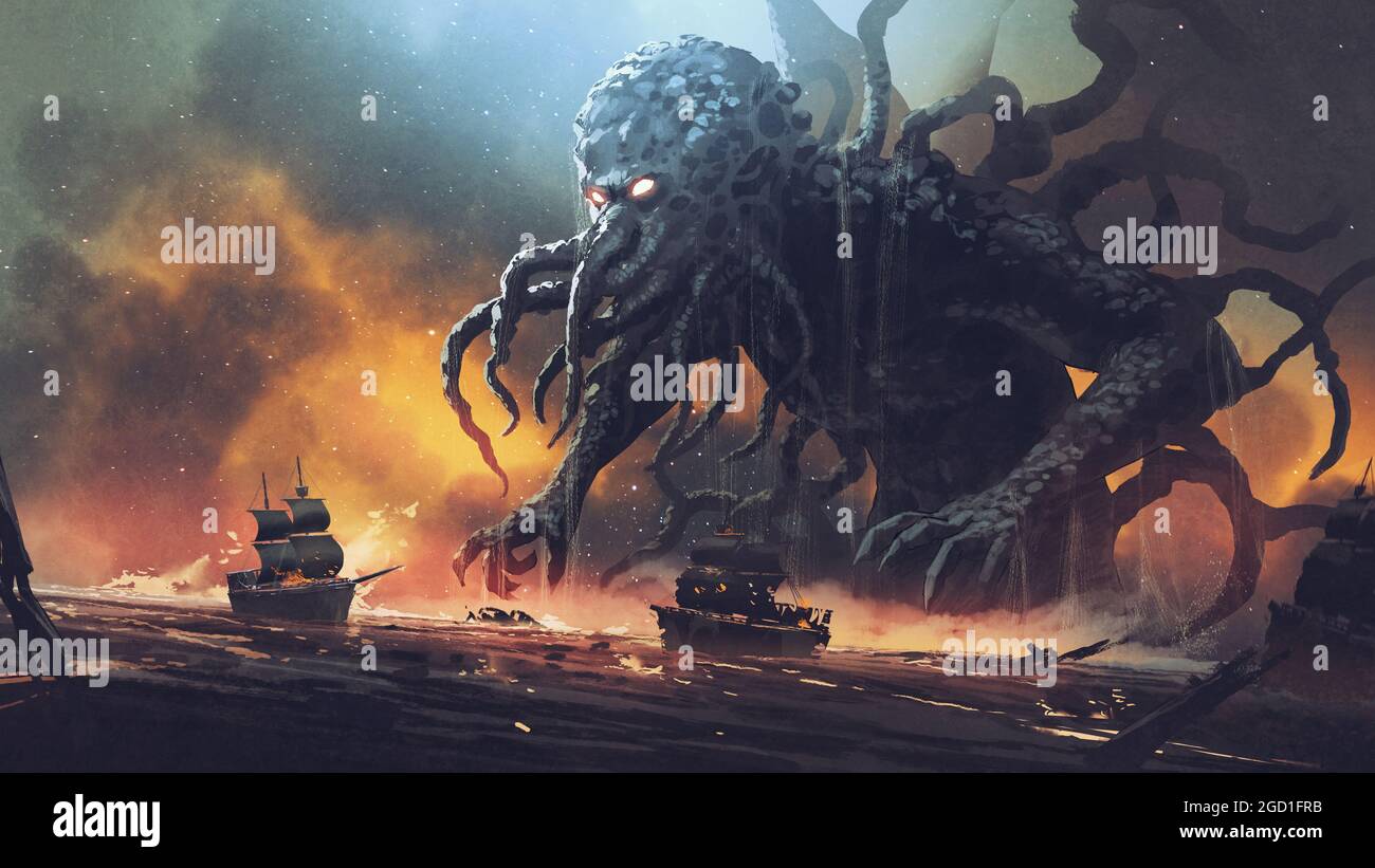 Dunkle Fantasy-Szene, die Cthulhu, das riesige Seeungeheuer, das Schiffe zerstört, zeigt, digitaler Kunststil, Illustrationsmalerei Stockfoto