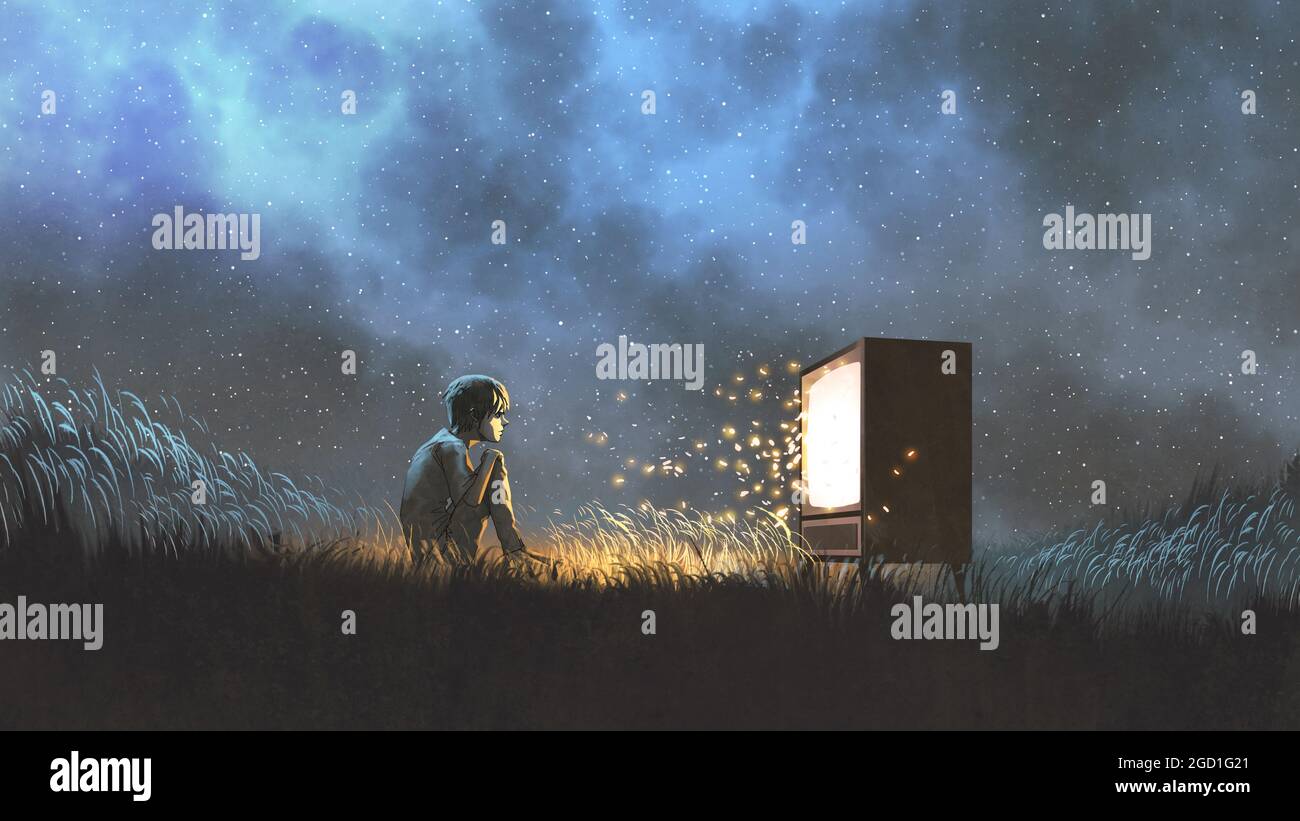 Nachtszene des Jungen, der ein antikes Fernsehgerät sieht, das glüht und Funken ausfliegt, digitaler Kunststil, Illustration Stockfoto