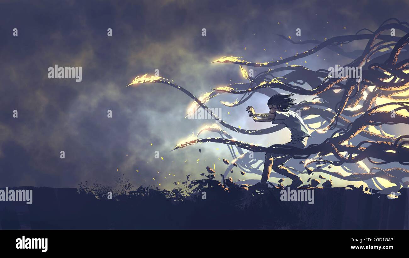 Fantasy-Szene des Jungen veröffentlicht magische Kraft, digitale Kunst Stil, Illustration Malerei Stockfoto