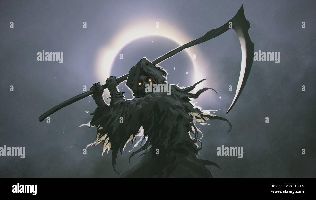 Der Tod, bekannt als Grim Reaper, der die Sense gegen die Finsternis im Hintergrund hält, digitaler Kunststil, Illustrationsmalerei Stockfoto
