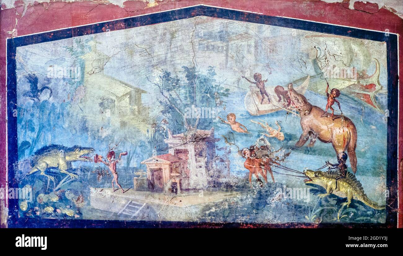 Nilotische Landschaft entlang der Ufer des Nils ein Nilpferd, Dukken und Krokodile zwischen Hütten von Binsen und Palmen fresco Herculaneum 30-50 n. Chr. Stockfoto