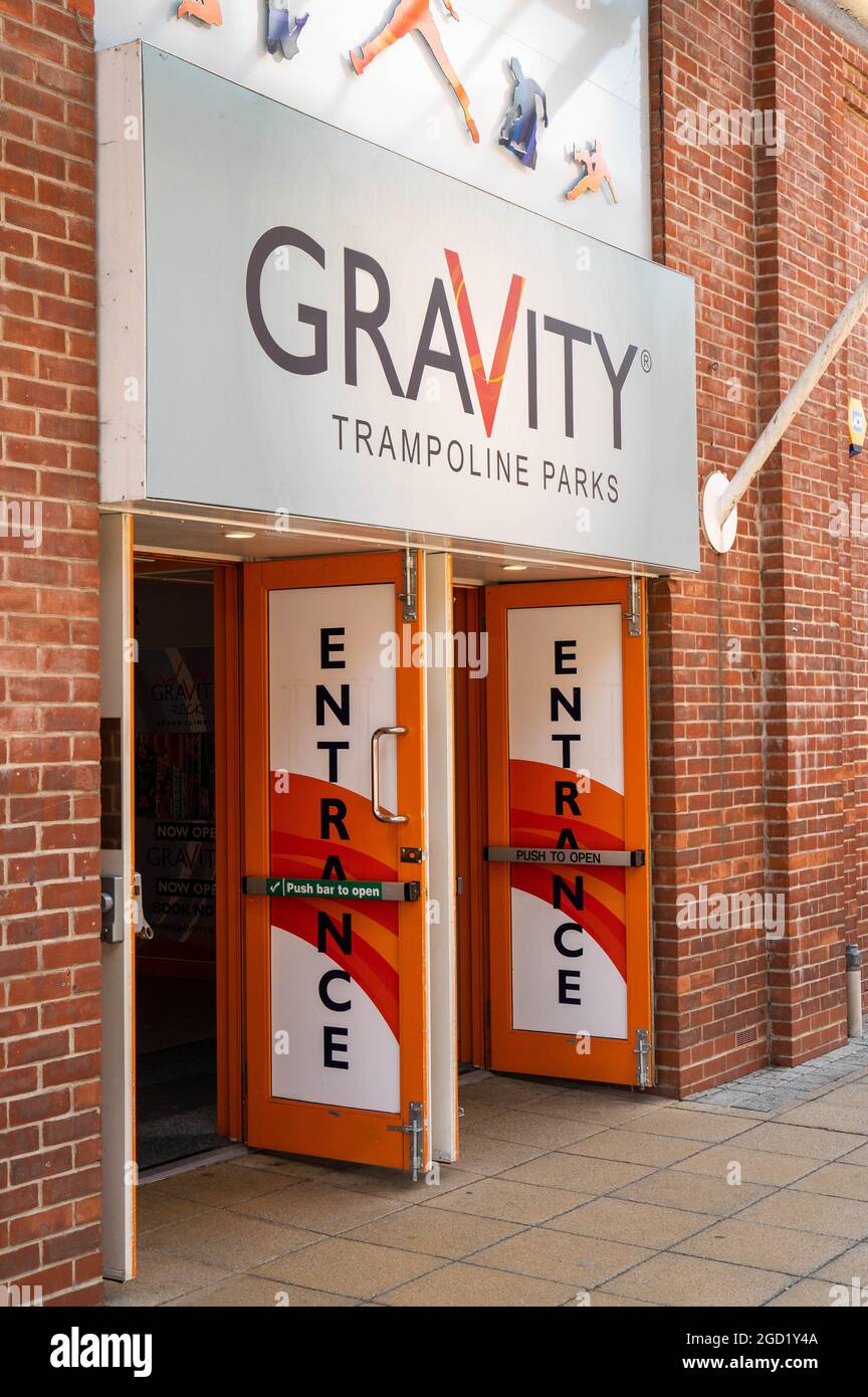 Eingang zum Gravity Trampolin Park Riverside Freizeitkomplex Stockfoto