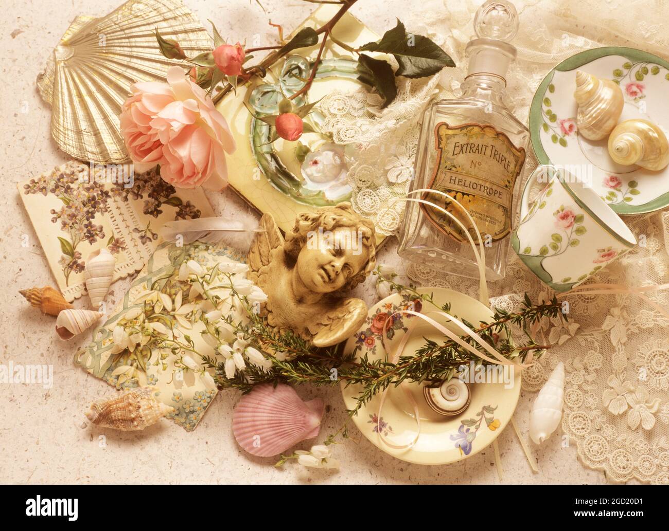botanik, Stillleben aus antiker Spitze und Gegenstände mit Rose, ZUSÄTZLICHE-RIGHTS-CLEARANCE-INFO-NOT-AVAILABLE Stockfoto