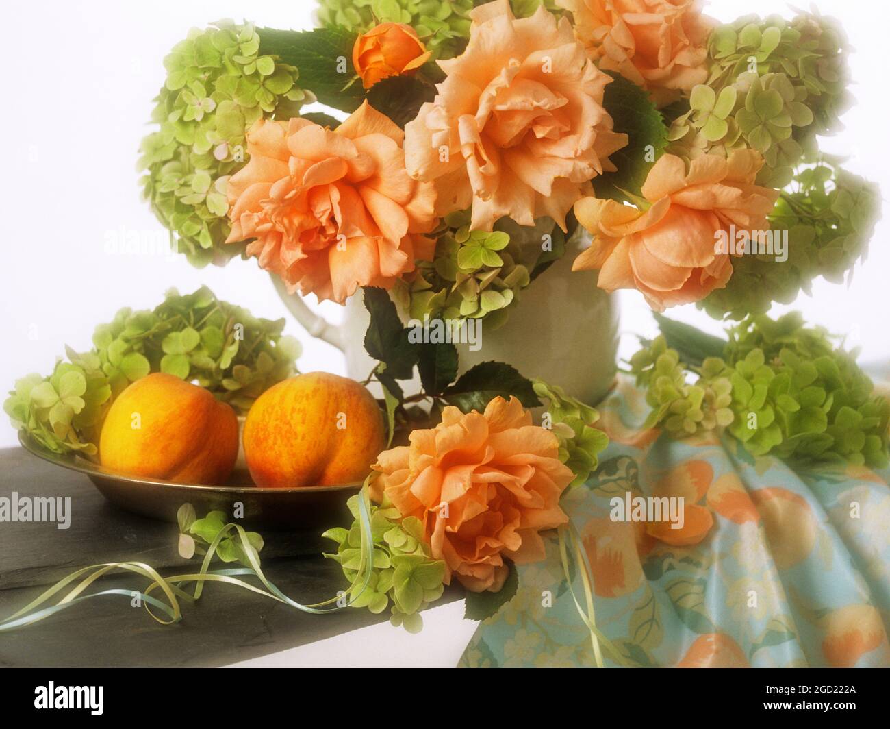 botanik, Rosen und Hortensien mit Schale zwei Pfirsiche, ZUSÄTZLICHE-RIGHTS-CLEARANCE-INFO-NOT-AVAILABLE Stockfoto