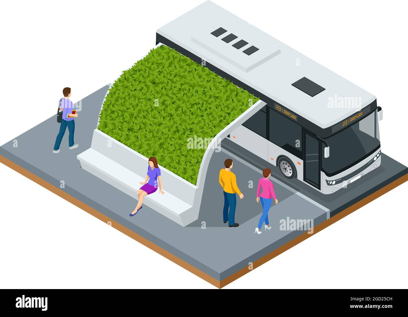Isometrische moderne Bushaltestelle mit Rasenflächen auf dem Dach im Stadtpark, Dächer sind mit grünem Gras bedeckt. Stock Vektor