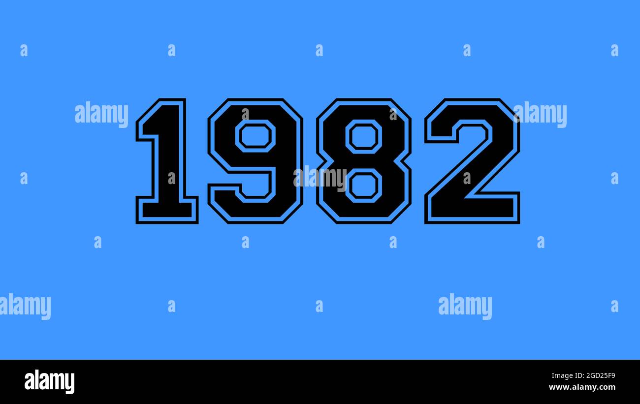 1982 Zahl schwarzer Schriftzug blauer Hintergrund Stockfoto