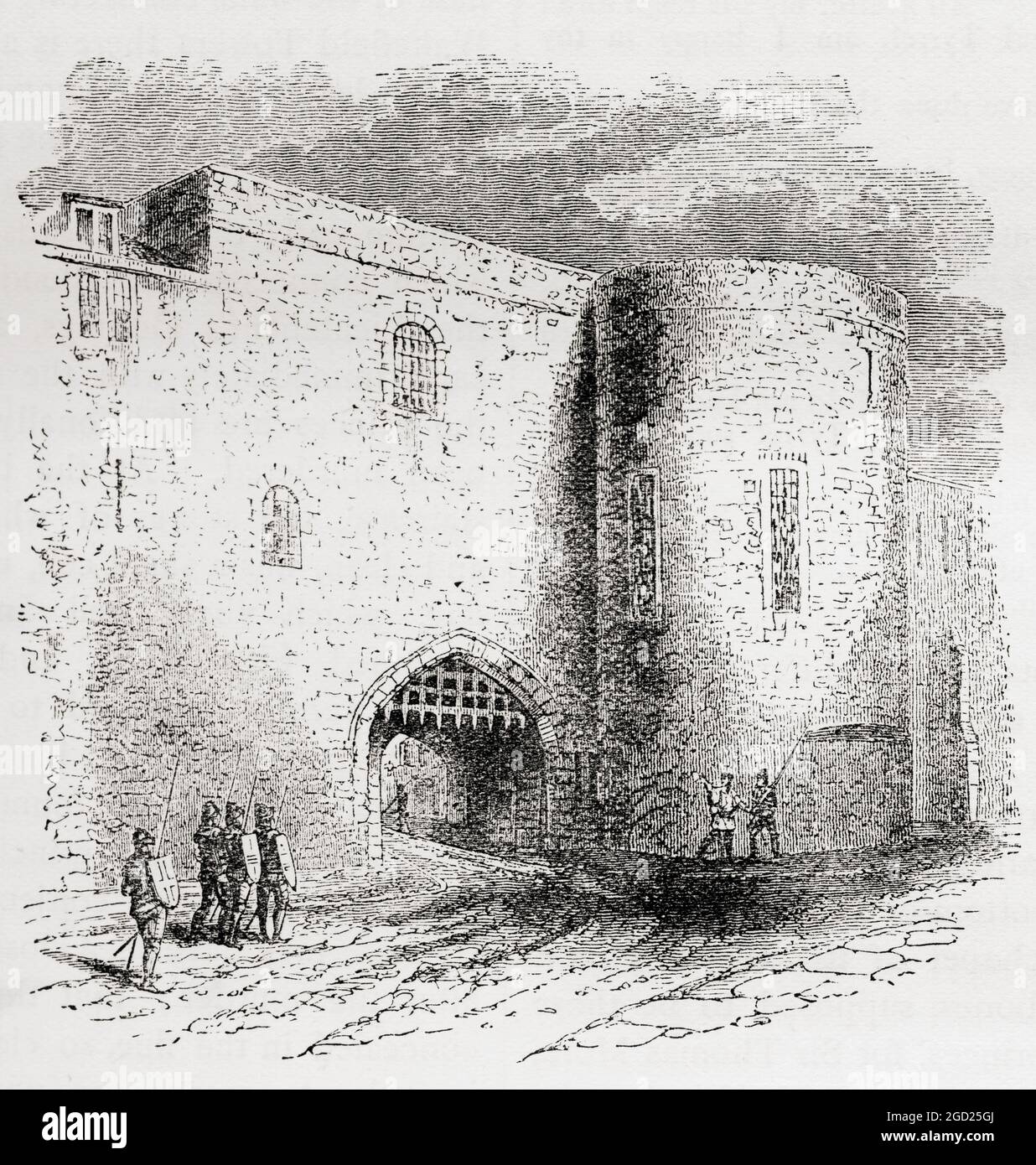 Der Bloody Tower, einer von dreizehn Türmen in den Mauern des Tower of London, London, England, hier im 19. Jahrhundert zu sehen. Es wurde angenommen, dass der Blutige Turm der Ort des Mordes an den Fürsten im Turm war. Aus dem malerischen England, seine Wahrzeichen und historischen Stätten, veröffentlicht 1891. Stockfoto