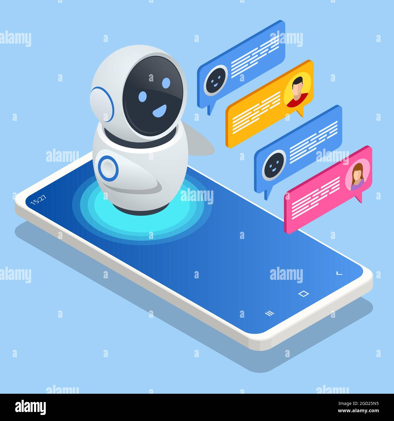 Isometrische knstliche Intelligenz. Chat bot und zuknftiges Marketing. KI  und Business IOT Konzept. Mnner und Frauen chatten mit Chatbot-Anwendung  Stock-Vektorgrafik - Alamy