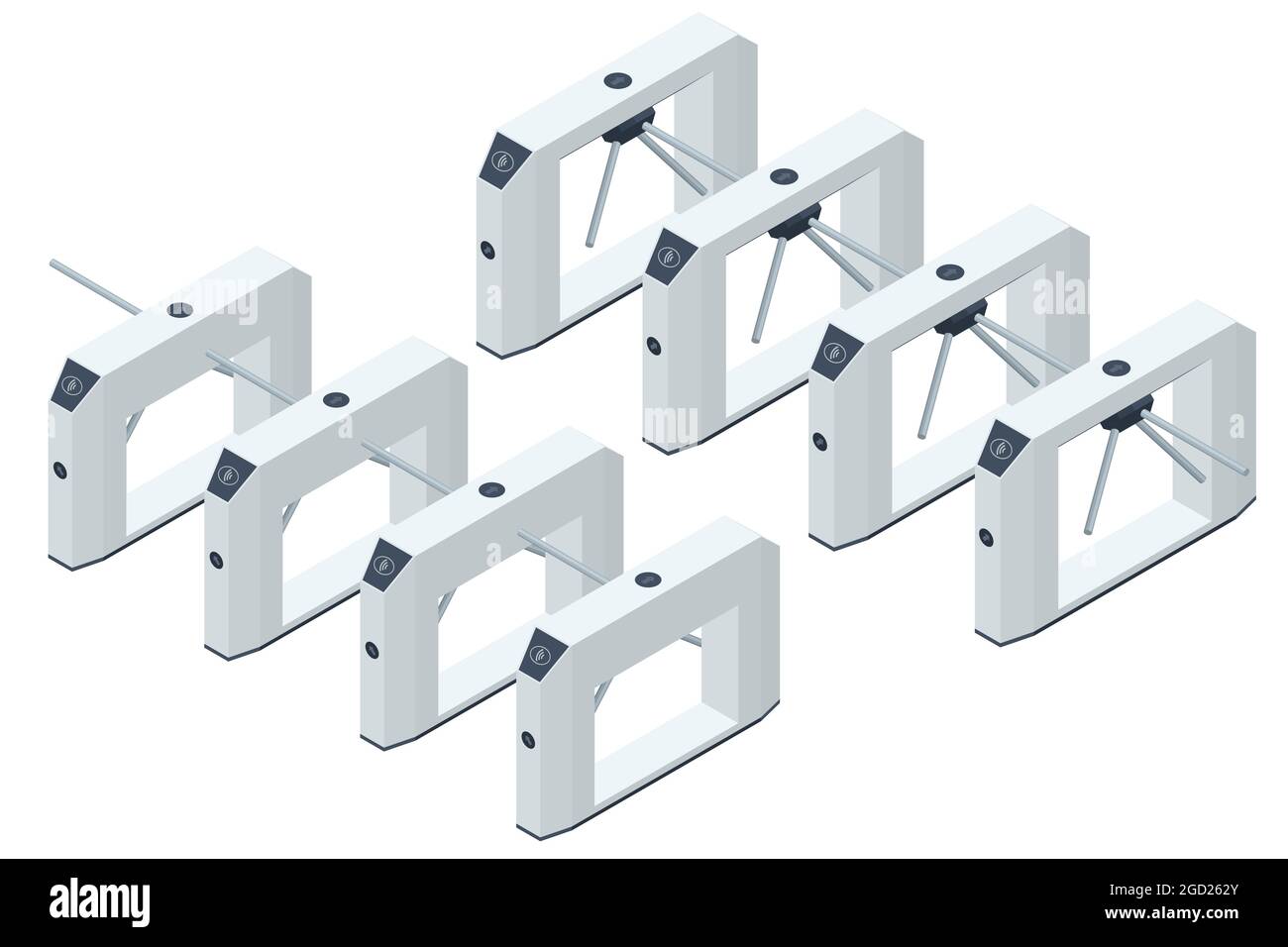 Isometrisches Drehkreuz. Zugangskontrollgeräte. Magnetkarten-Zugangsdrehkreuze. Elektronisches Drehkreuz. Automatischer Kontrollpunkt. Gebäudesicherheit Stock Vektor