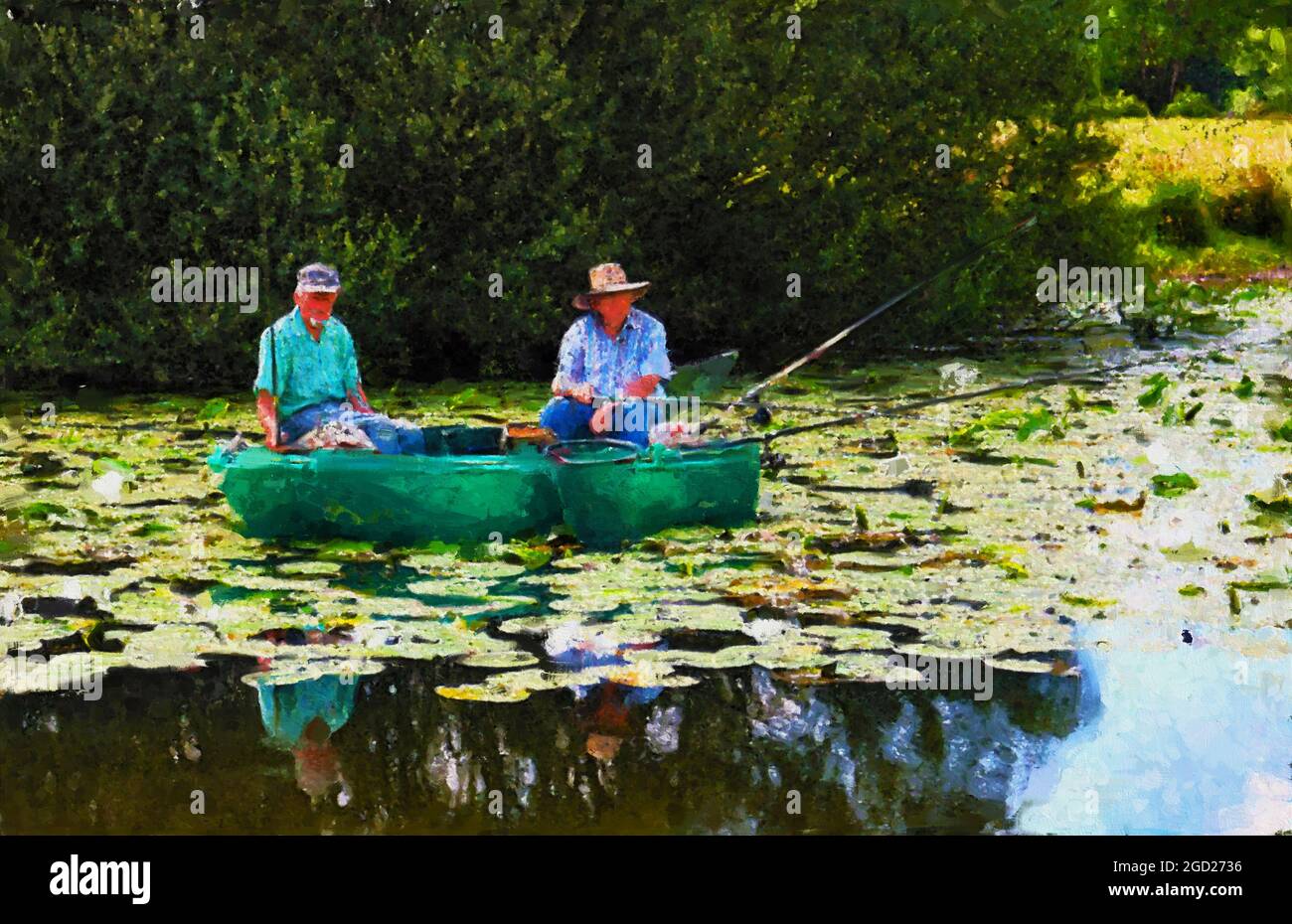Acrylbilder von zwei Menschen, die in einem Boot in der Havel fissieren. Havelland. Stockfoto