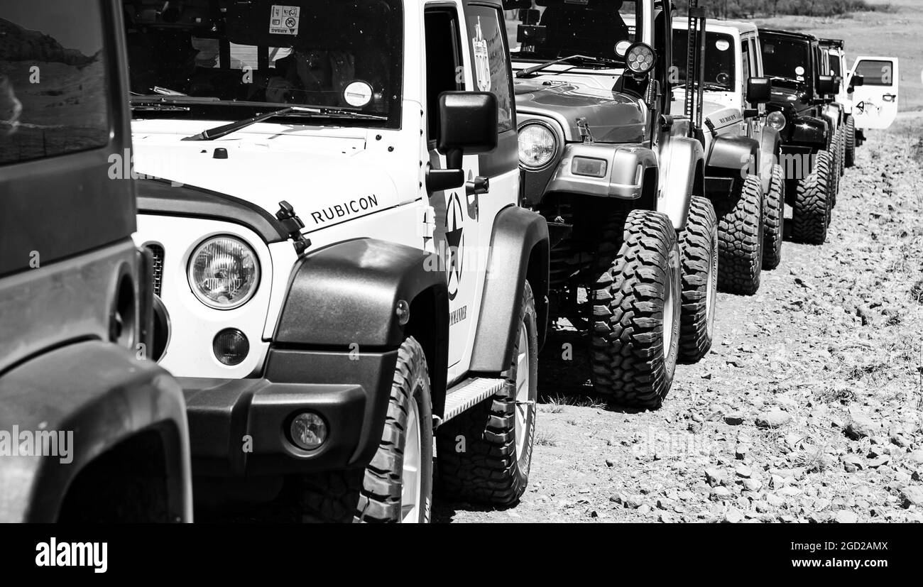 HARRISMI, SÜDAFRIKA - 06. Jan 2021: Eine Graustufenaufnahme des 4x4 Obstacle Trail im Camp Jeep in Harrismi, Südafrika Stockfoto