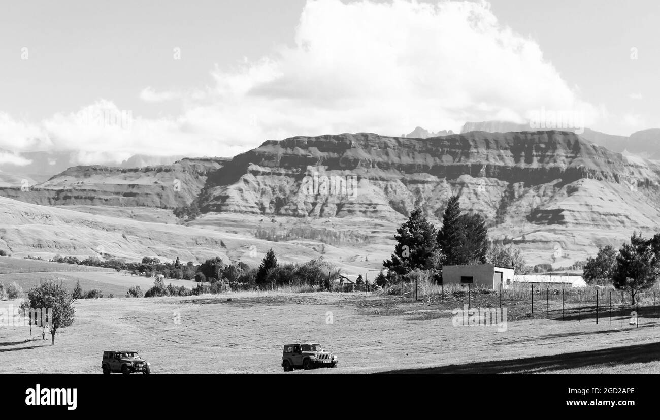 HARRISMI, SÜDAFRIKA - 06. Jan 2021: Eine Graustufenaufnahme des 4x4 Obstacle Trail im Camp Jeep in Harrismi, Südafrika Stockfoto