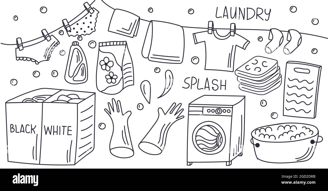 Wäschestücke Doodle Set: Waschmaschine, Waschpulver, Brett und andere, isolierte Vektor-Illustration Stock Vektor