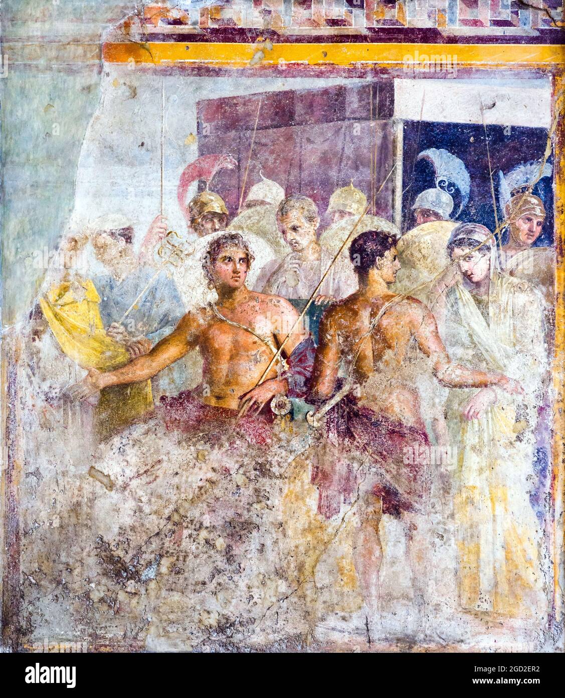 Achilles und Briseis Achilles überlässt seinen Gefangenen Briseis nach Agamemnon, um Criseis zu ersetzen, der an ihren Vater Crise zurückgegeben wurde, der 45-79 n. Chr. Priester von Apollo Fresco Pompeji, Casa del Poeta Tragico (Haus des tragischen Dichters) war Stockfoto