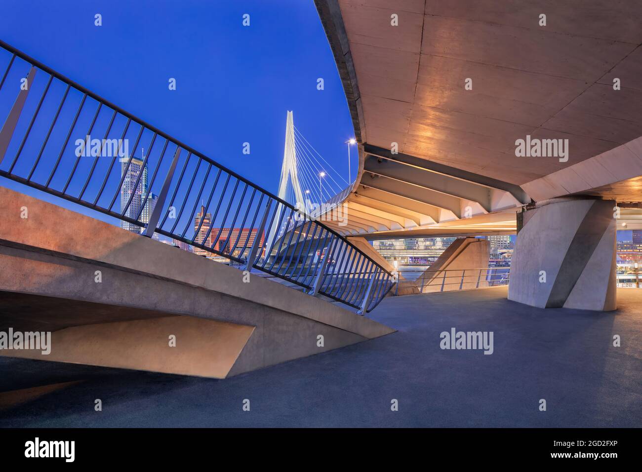 Blick auf die berühmte Erasmus-Brücke. Die 284 m lange Brücke wurde von Ben van Berkel (UNStudio) entworfen und verbindet Kop van Zuid mit dem Stadtzentrum. Stockfoto