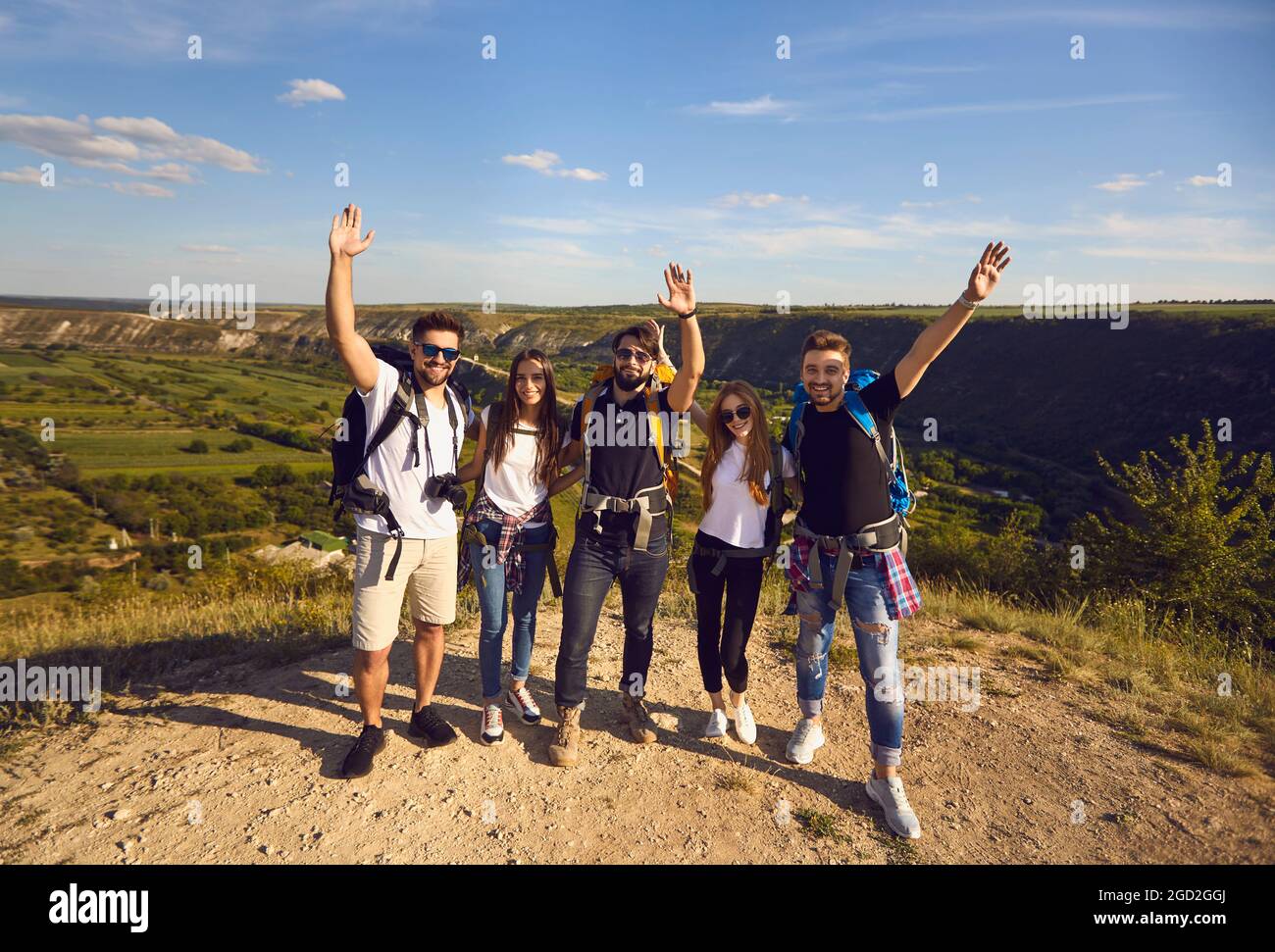 Gruppenreisen und Erlebniskonzept. Tourismus. Gesunder Reiseurlaub. Stockfoto