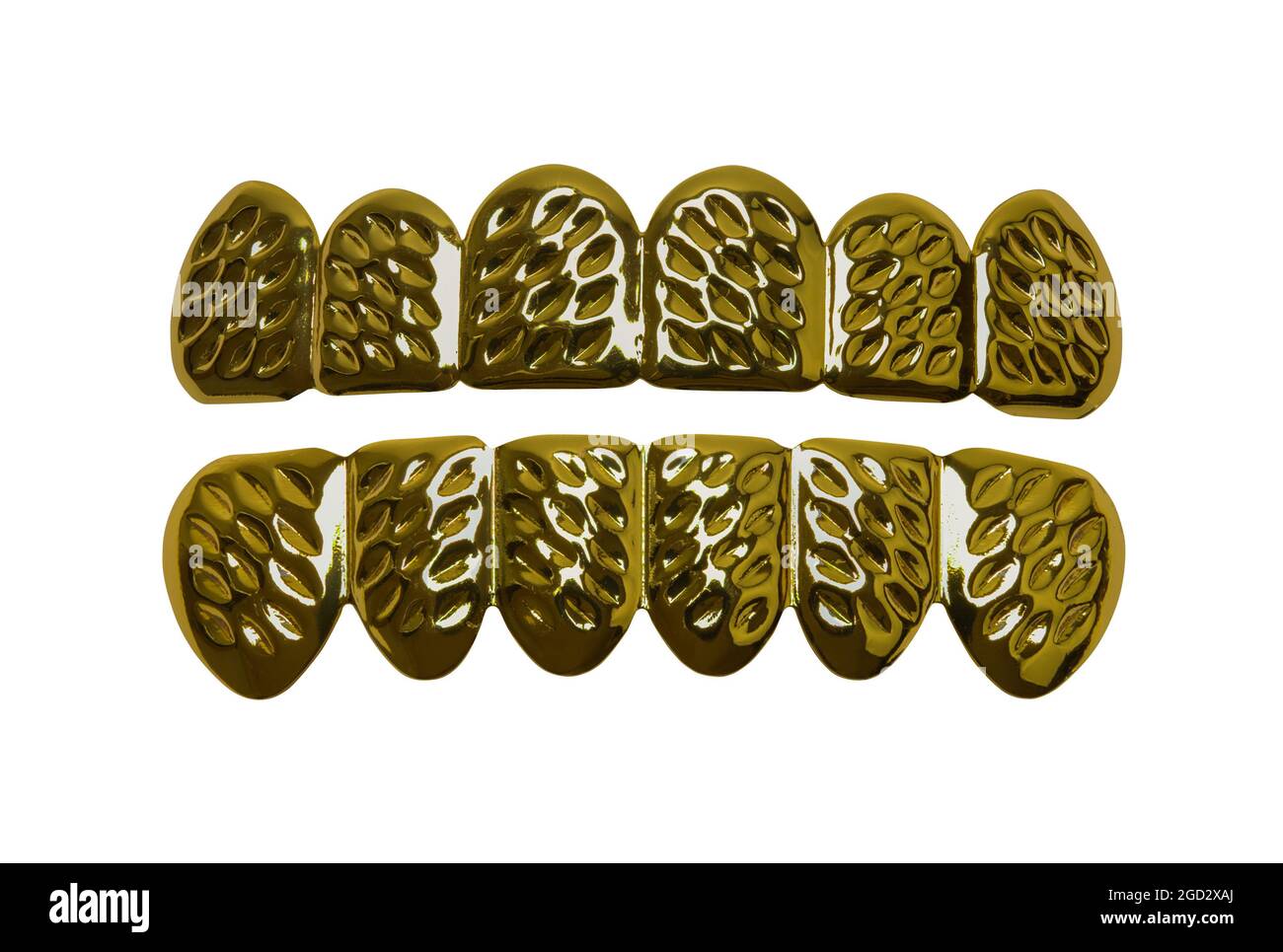 Gold Teeth Hip Hop Grill auf Weiß ausgeschnitten. Stockfoto