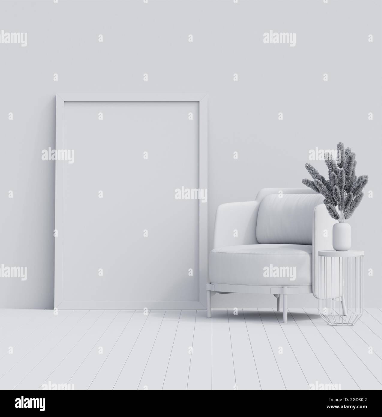 Modell, leeres weißes Wohnzimmer, Innenarchitektur mit leerem Rahmen 3D Rendering 3D Illustration Stockfoto