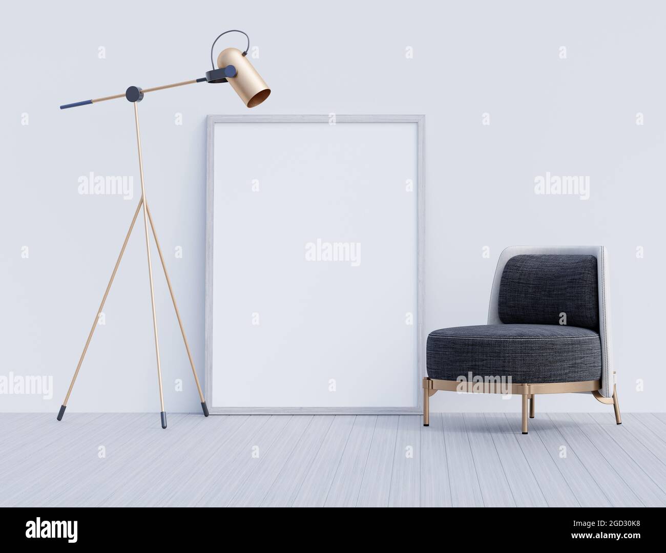 Modell, leeres weißes Wohnzimmer, Innenarchitektur mit leerem Rahmen 3D Rendering 3D Illustration Stockfoto